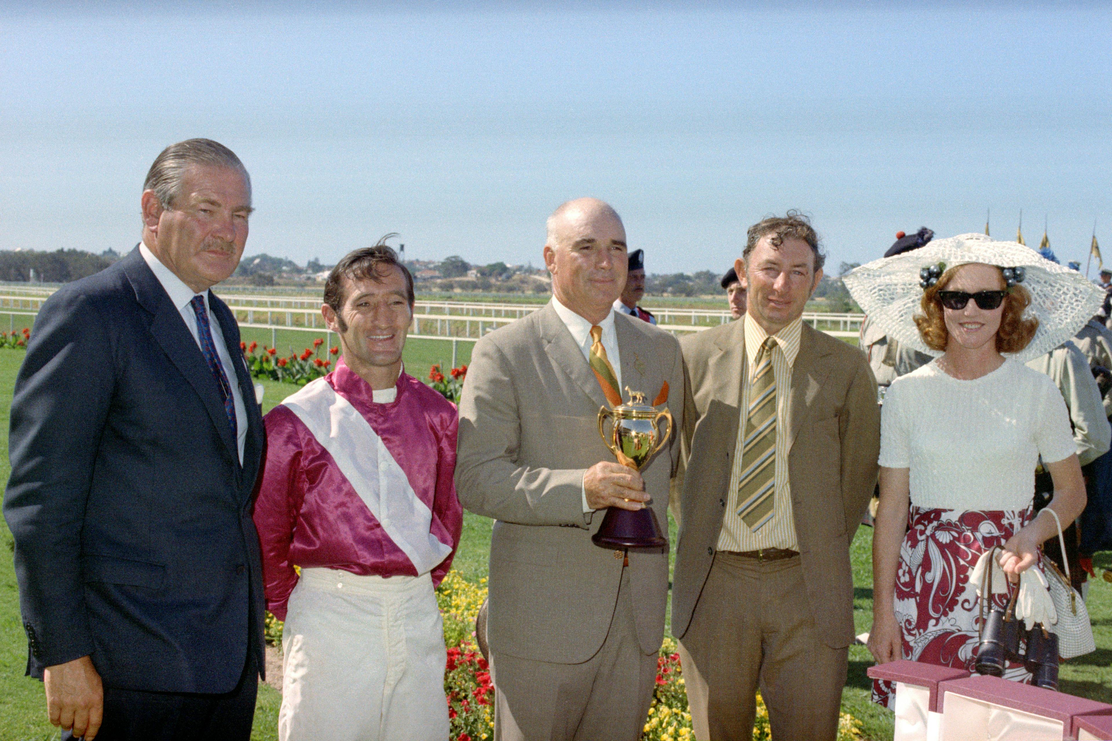 Bert Harrison with Ray Oliver and connections after winning the Group 1 Perth Cup with Fait Accompli.